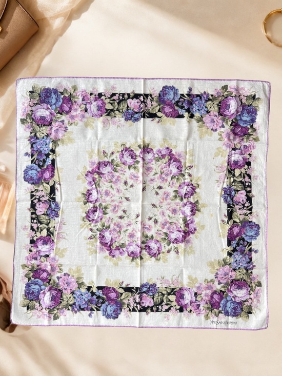Yves Saint Laurent Accessories - Vintage Yves Saint Laurent Floral Scarf Purple Blue Rose Square Neckerchief 20in
